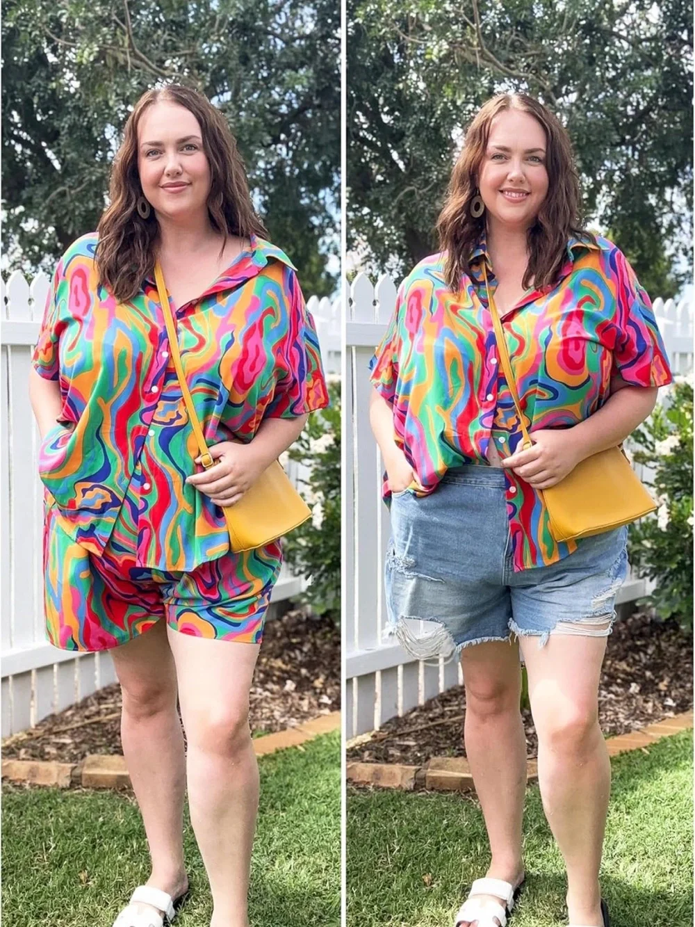 Women's Multicolor Swirl Button-Up Shirt & Shorts Set